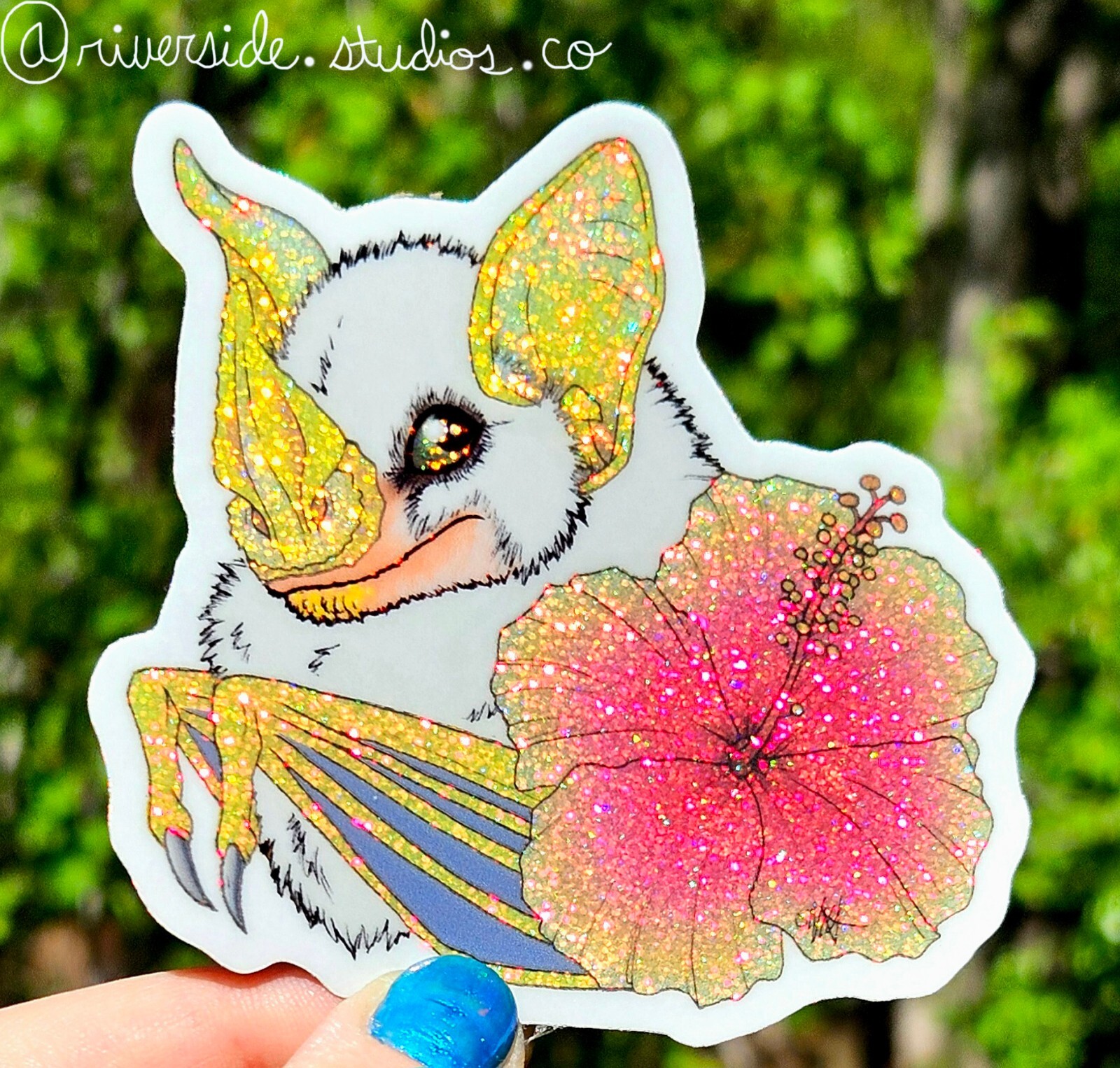 Honduran White Bat Vinyl Glitter Sticker 3" Original Art Animal Hibiscus Flower 