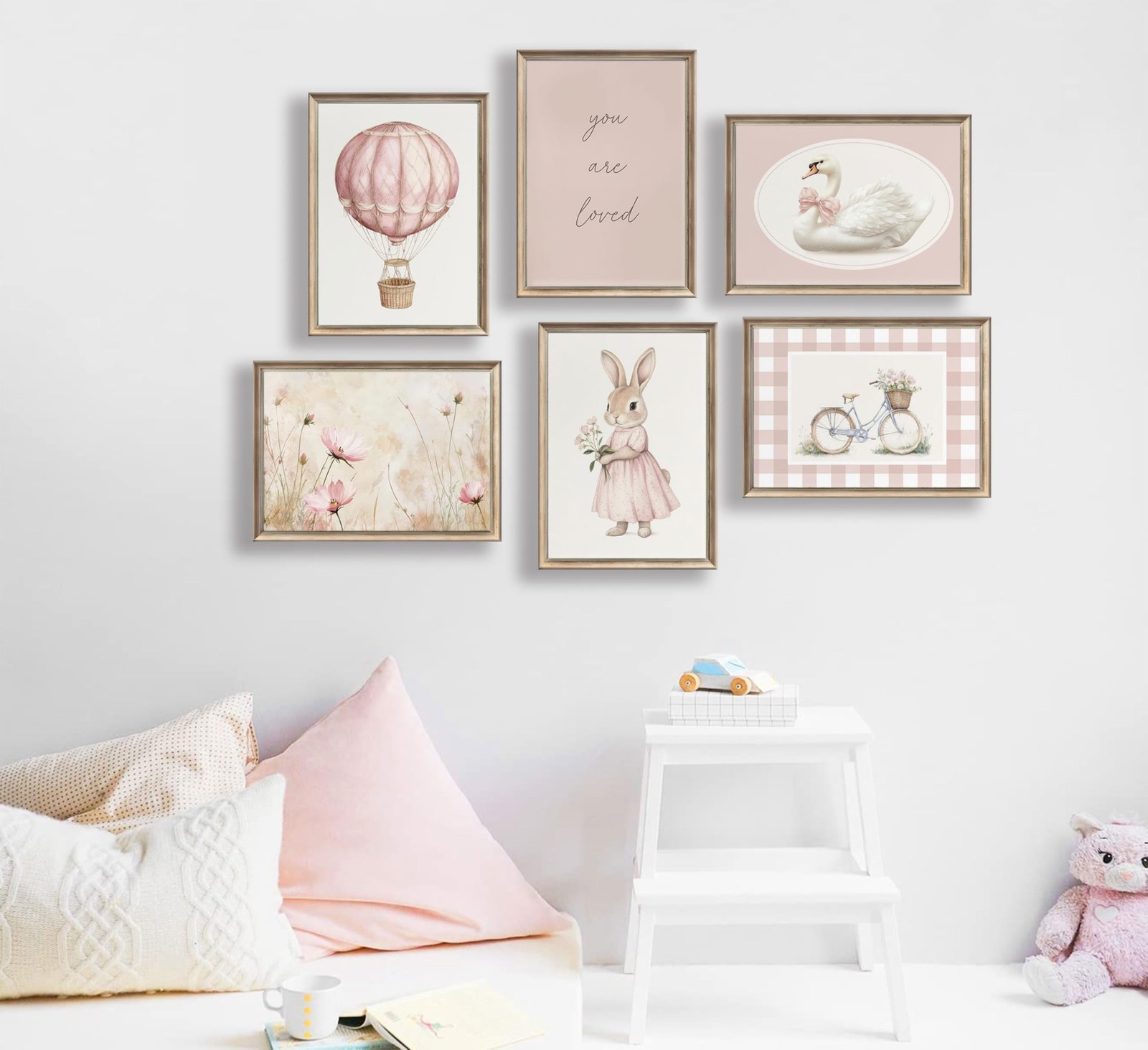 6Pcs Pink Nursery Bunny Wall Art Kids Swan Flower Painting Pictures Cute Rabb…