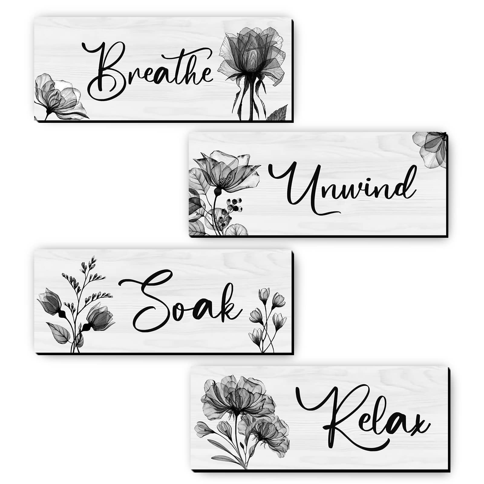 4 Wooden Wall Art Plaques – Large Bathroom Decor for Home Spa & Laundry black