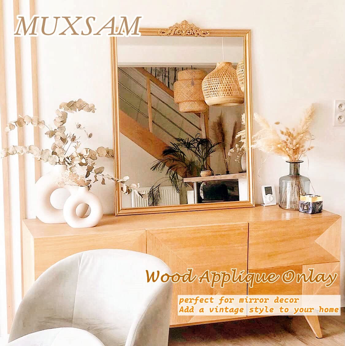 MUXSAM Long Wood Carved Appliques Onlays, 1-Pack 17.72 x 4.72 inches, 1-pack