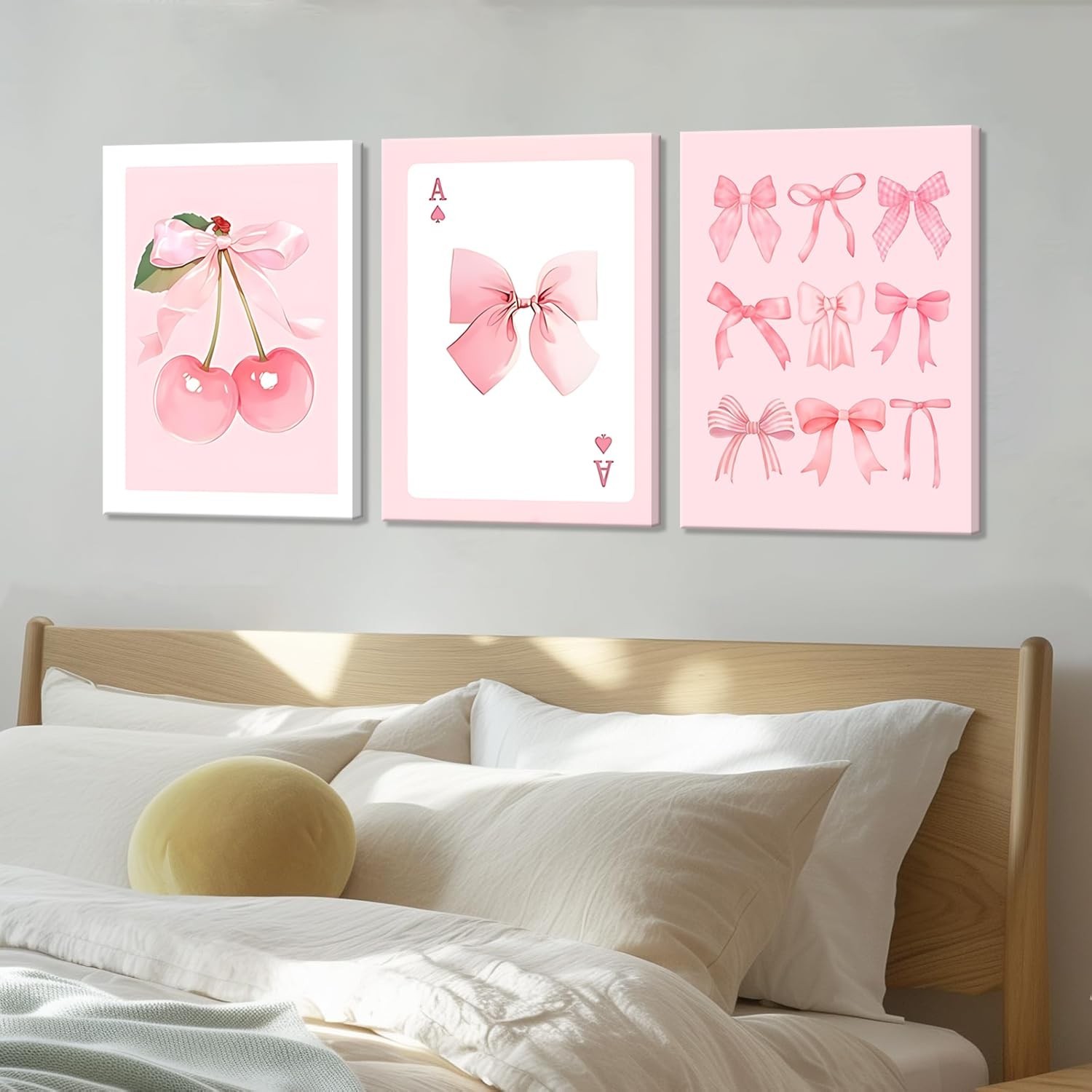 Coquette Pink Bow Canvas Wall Art Set of 3, Cherry Bow Posters Prints for Bed…
