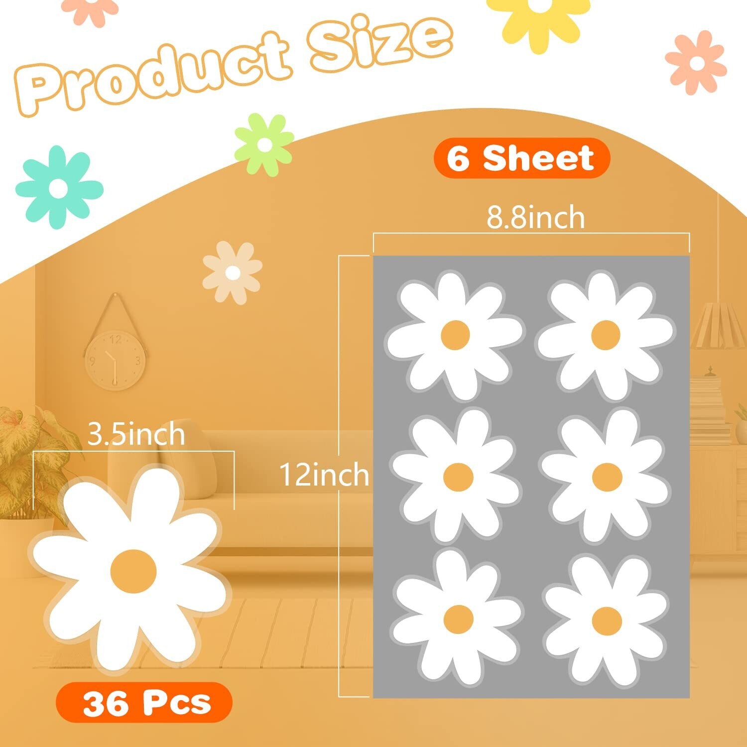 36 pcs Daisy Stickers, 3.5 in Daisy Wall Decal White Daisy for Girls Bedroom,…