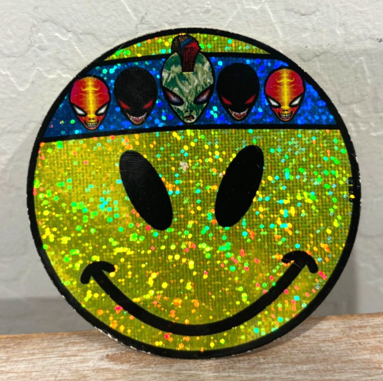 Vintage! Smiley Face with Alien Head Headband! ~Sticker ~Yellow Prism Glitter 3"