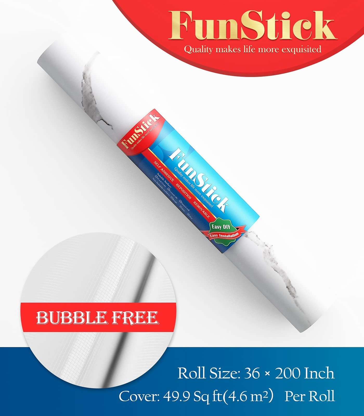 FunStick 36" x 200" White Marble Countertop Contact Paper Waterproof Marble W…