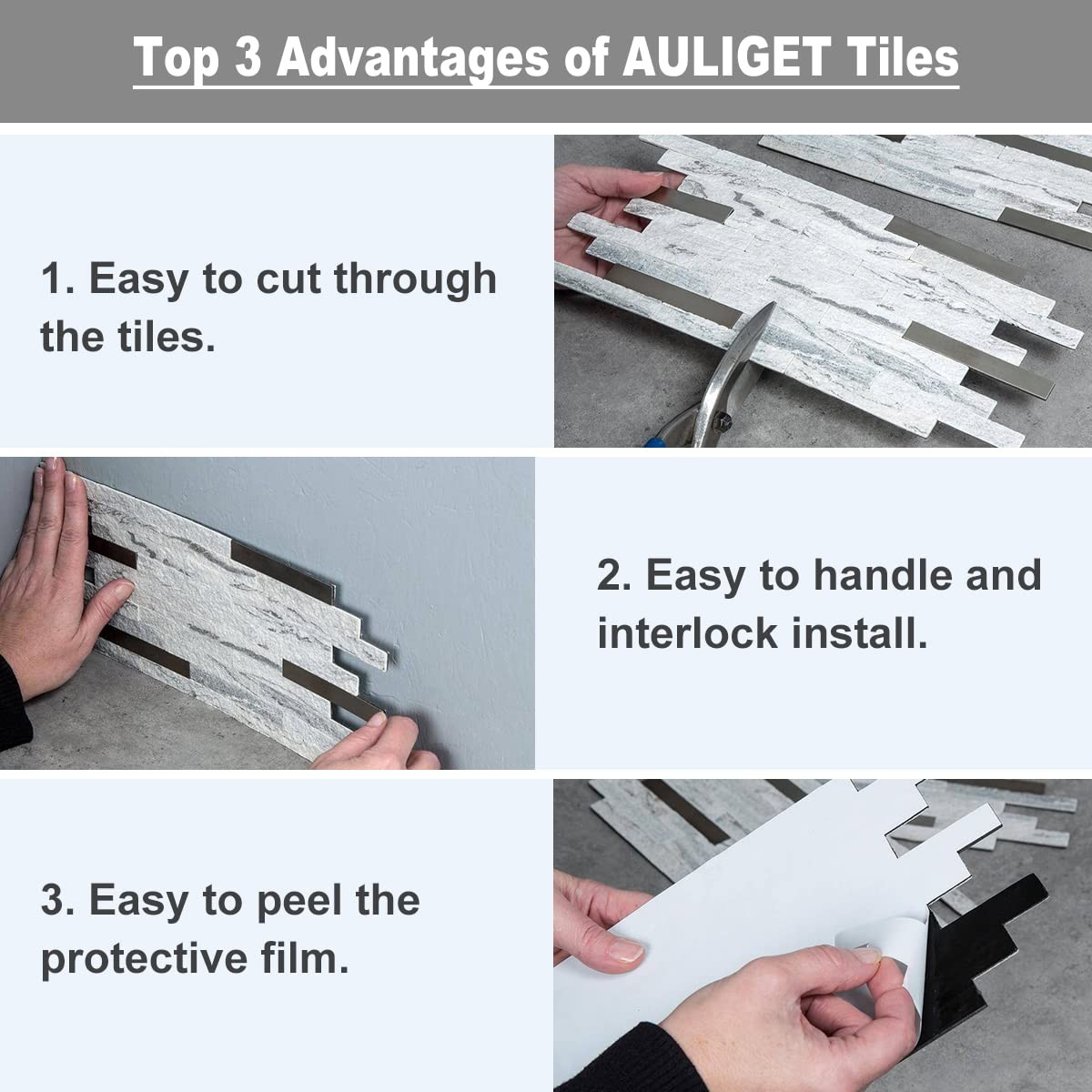 AULIGET 20 Sheets Faux Stone Peel and Stick Backsplash, White Marble Look PVC