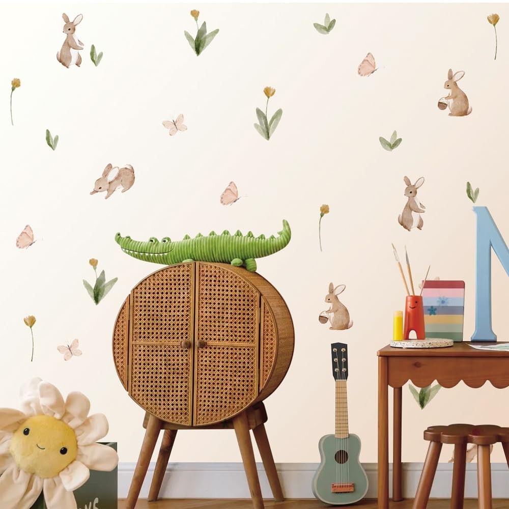 Summertime Cute Bunnies and Flowers Nursery Wall Decal, Peel and Stick Reusab…