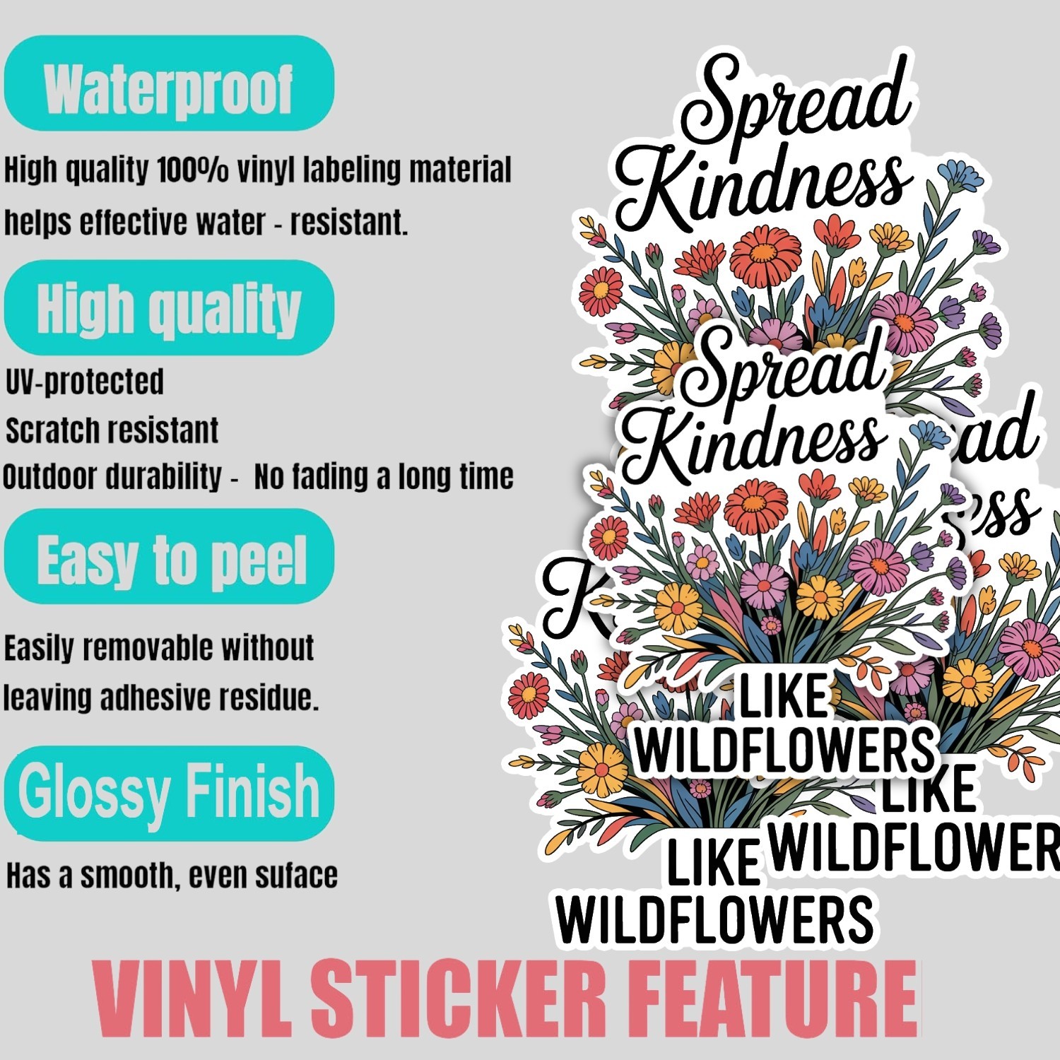 Spread Kindness Like Wildflowers Stickers: Floral Vinyl Decals – 4PCS