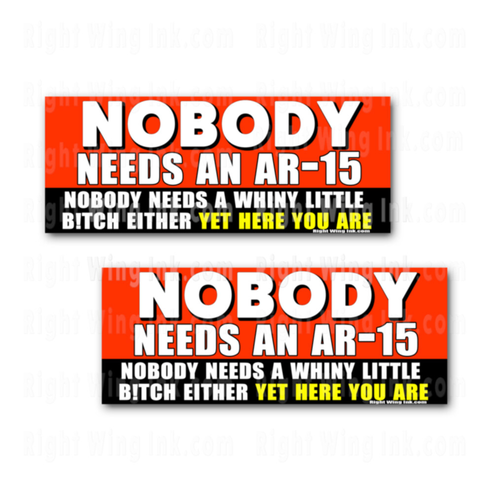 Nobody Needs an AR-15 – But Here you are Funny Stickers Decals 2 PK 8" wide