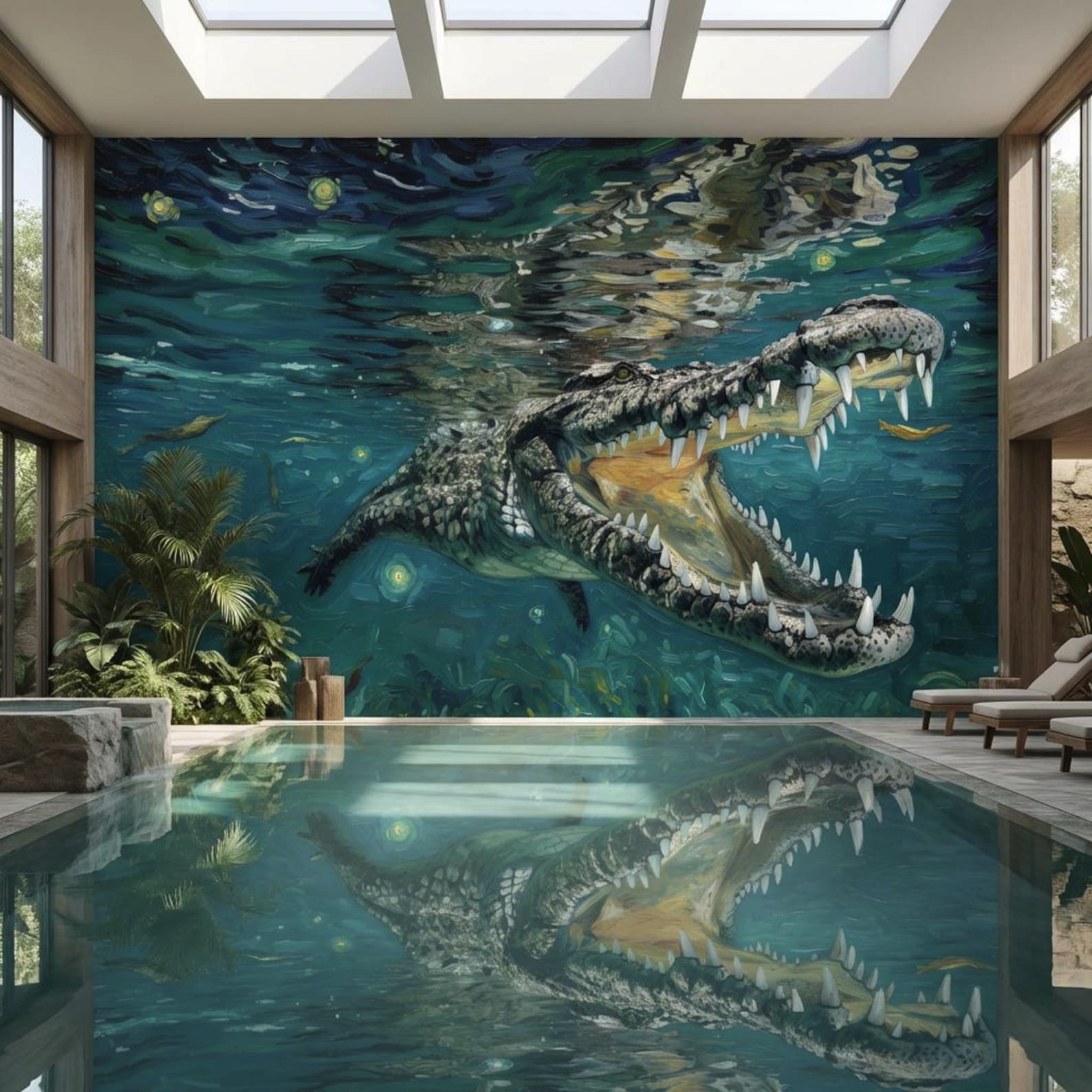 Underwater Alligator Crocodile Wall Mural, Van Gogh Starry Night Style Wallpaper