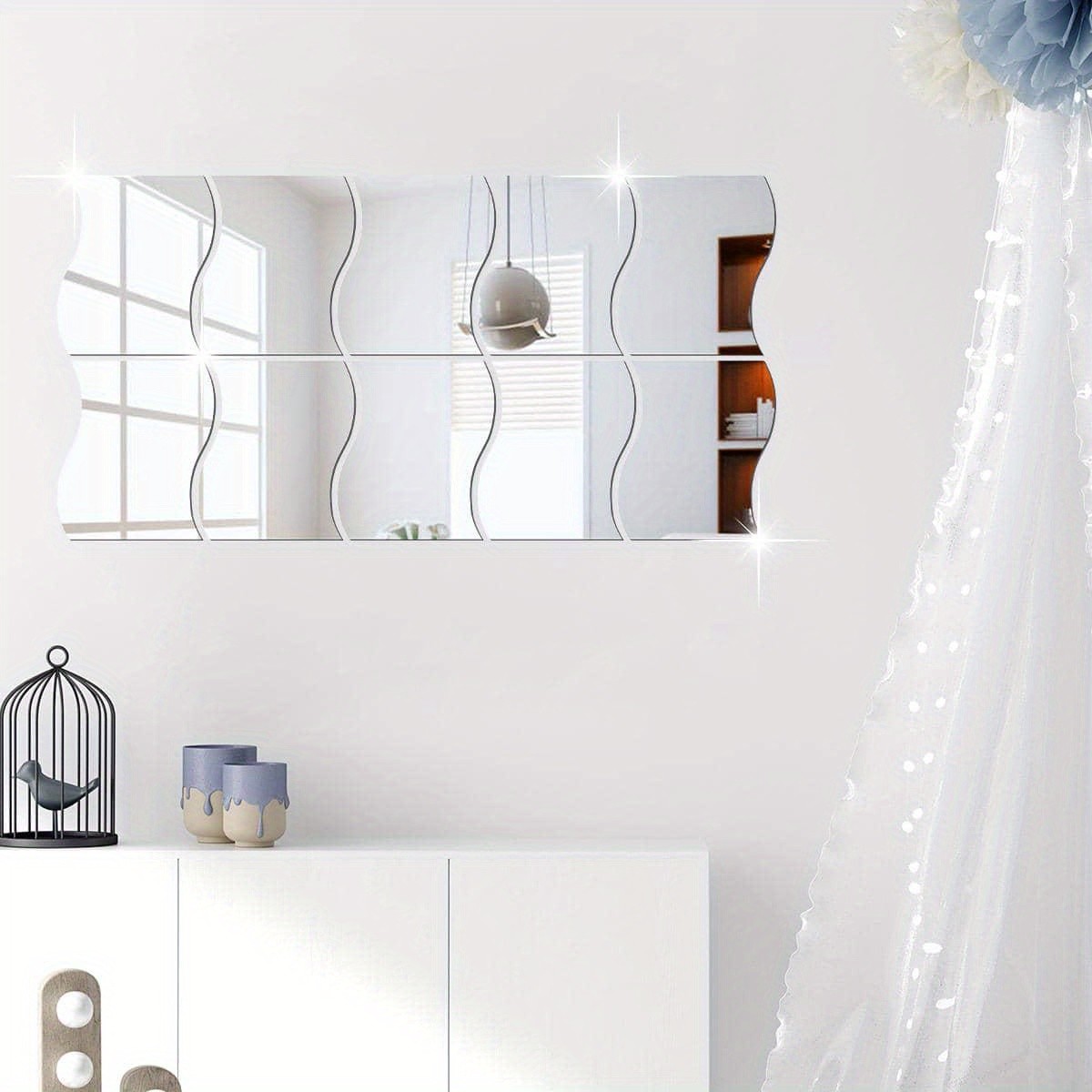 6Pcs/Set Self Adhesive Wavy Mirror Tiles Splicing Full Body Mirror Wall Ornament