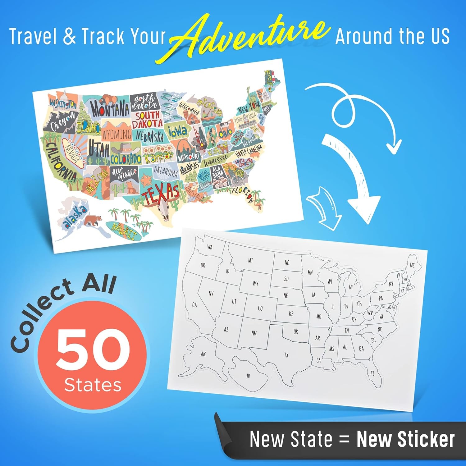 RV State Map Decal 50 US States Vinyl Bumper Sticker for RVs Campers