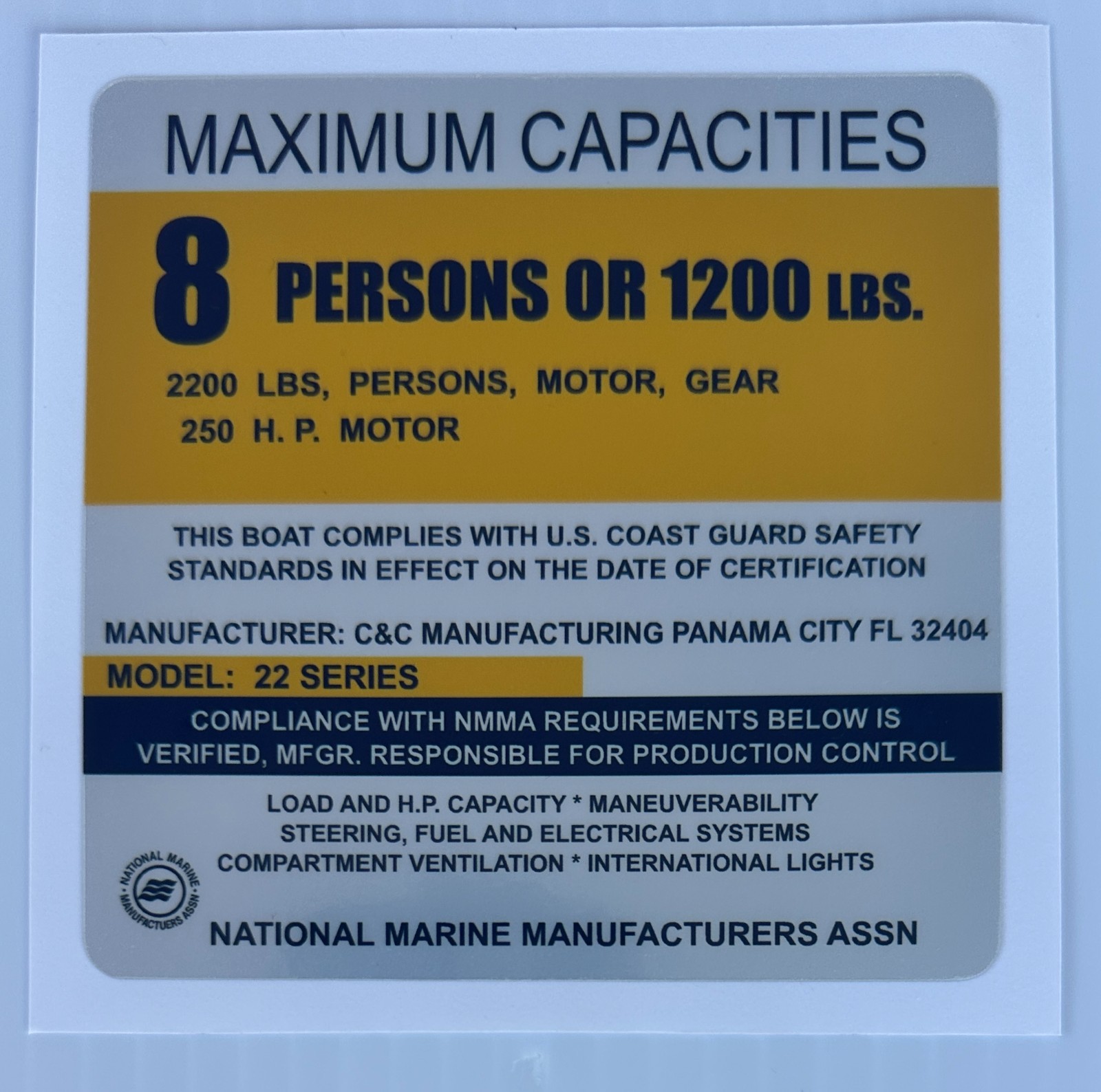 Boat Capacity Plate Sticker 8 Persons 1200 LBS 250 HP C&C 22 Series Decal 4×4