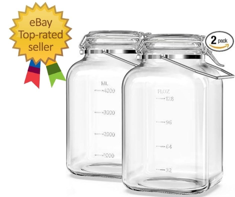 2 Pack 1.5 Gallon Glass Jar with Airtight Lid, 192 Oz Square Wide Mouth Mason Ja