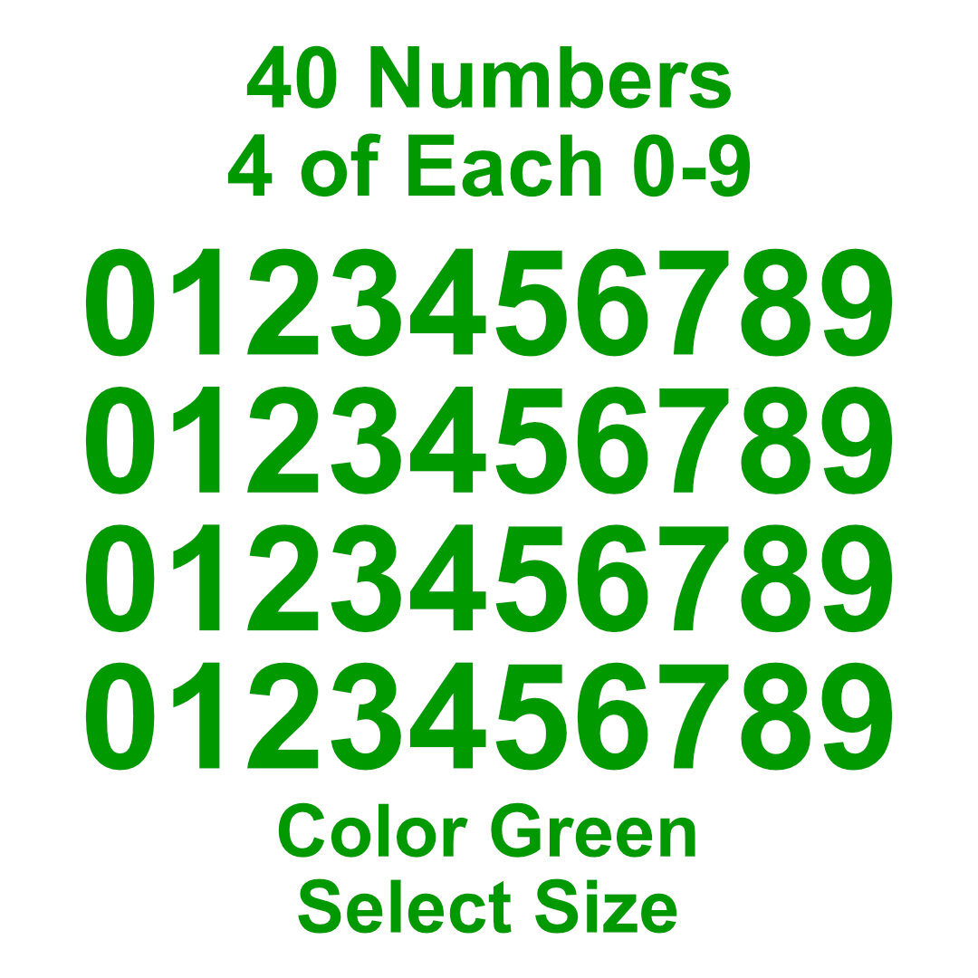 0 – 9 Number Decals Color: Green – Select Size – 40 Stickers 4 of Each Number