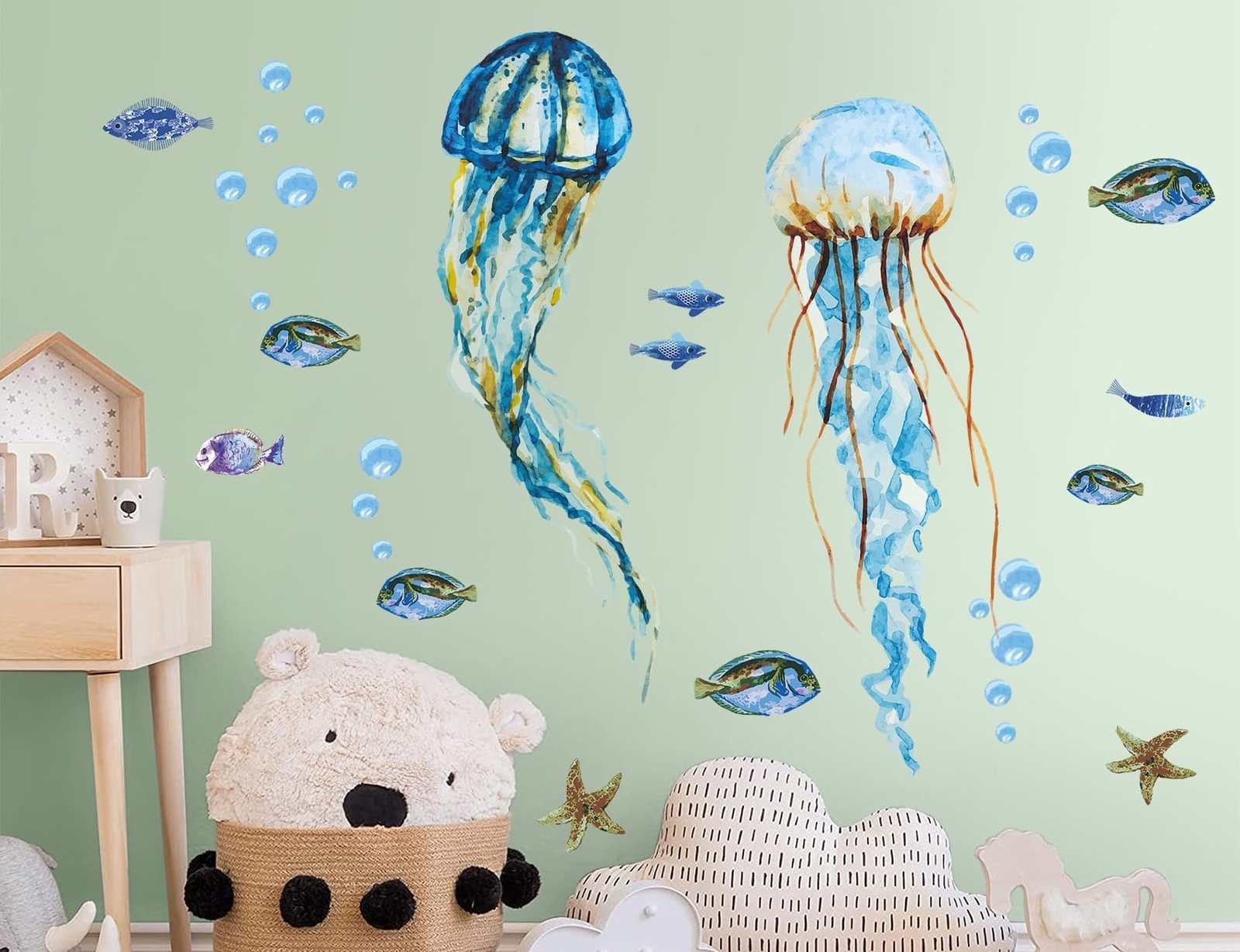 Creative Watercolor Blue Jellyfish Wall Decals Under The Sea Fish Animals Wal…