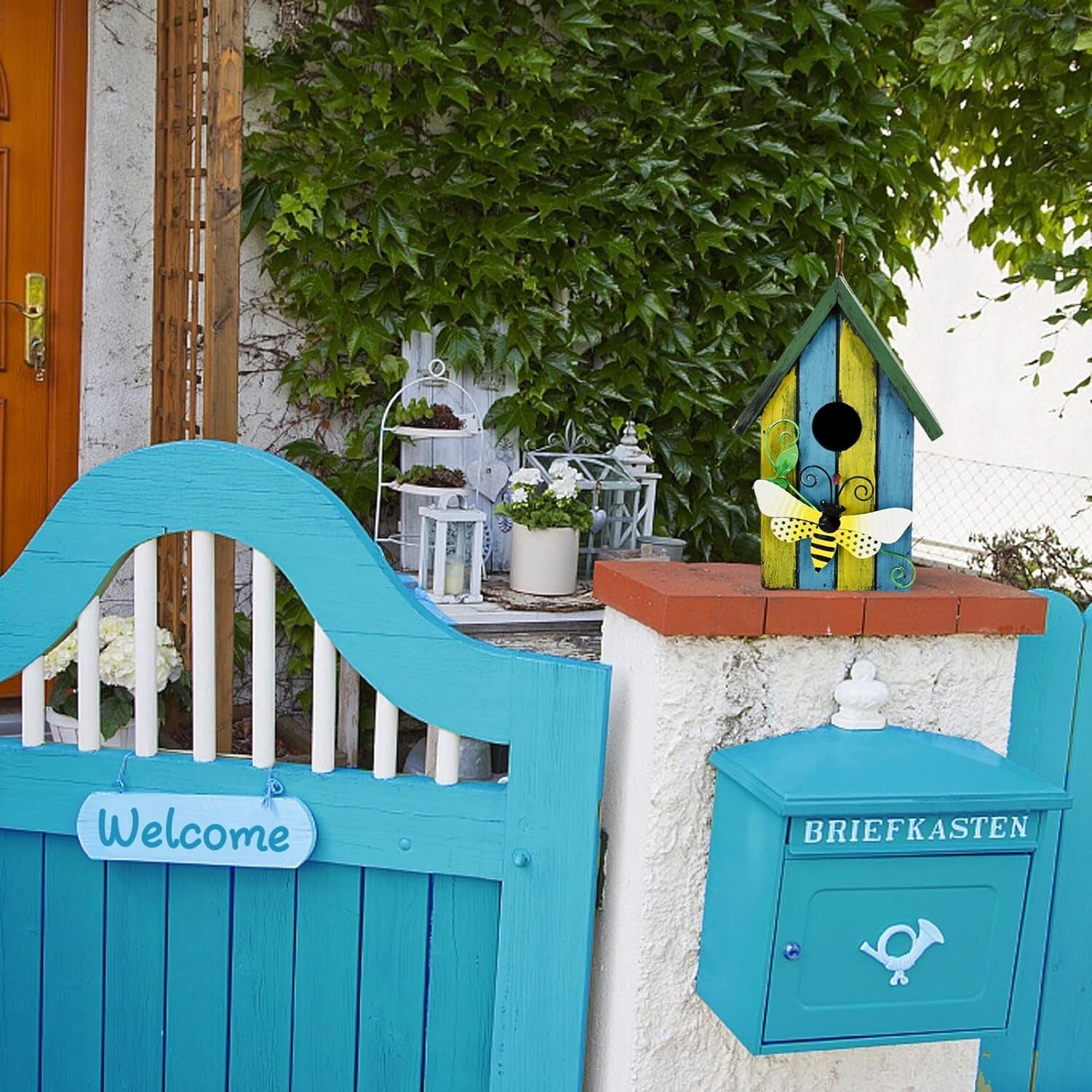 Wooden Decorative Birdhouse Hanging Bird House Hand Painted Birds Box Outdoor