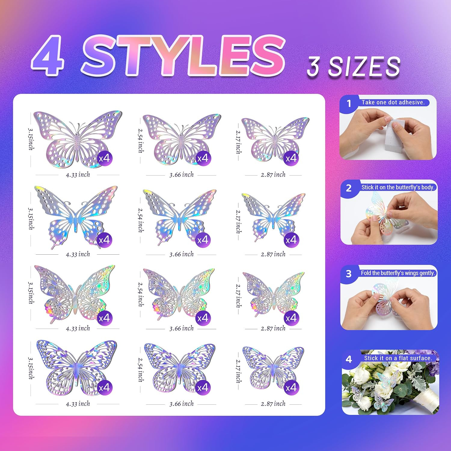48Pc Iridescent 3D Butterfly Wall Decor Dorm Move in | Removable Adhesive Suppor