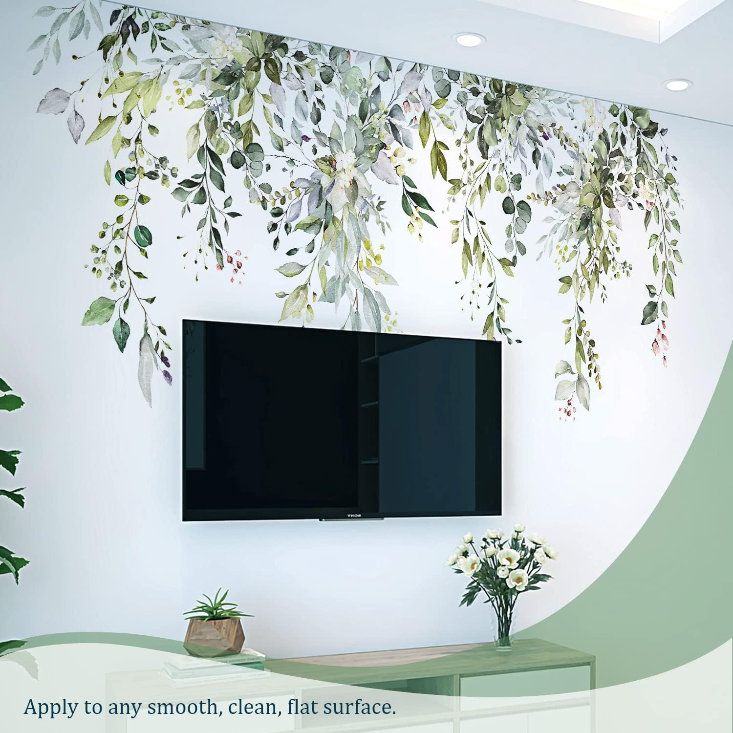 Green Plants Leaves Wall Decals Peel and Stick, Large Floral Flowers Wall Sticke
