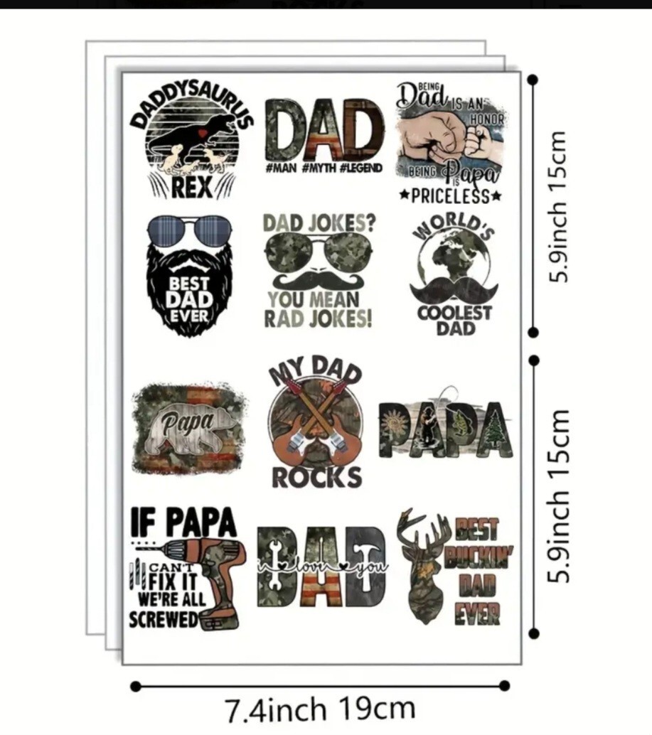 UV DTF Fathers Day Beard Mustache Transfer Sticker Set 12 Decals Appx 2.24 x 2.5
