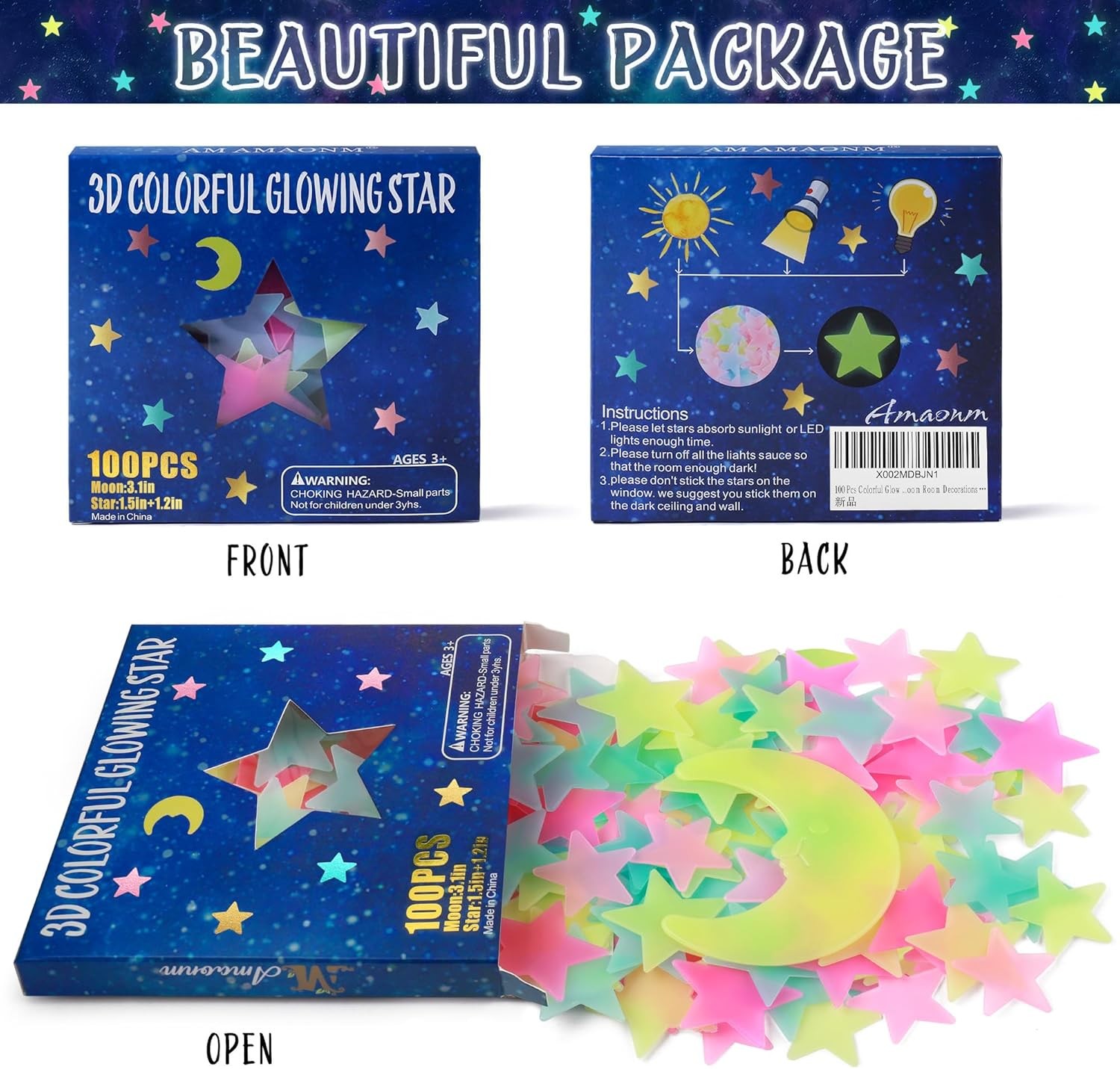 100 Pcs Colorful Glow in The Dark Luminous Stars and Moon Fluorescent