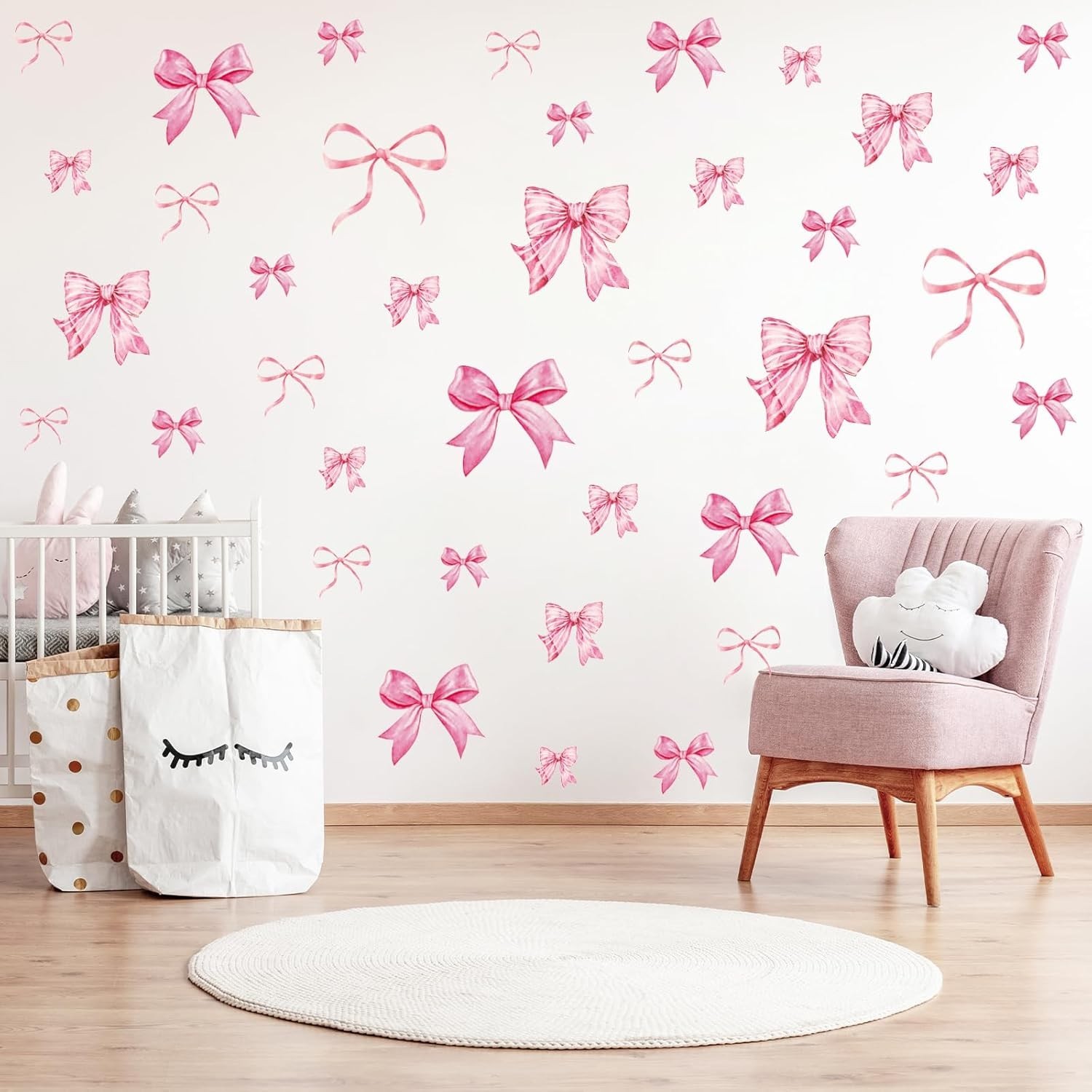 Pink Bow Wall Stickers Watercolor Decor Room Mural for Kids Girls Party
