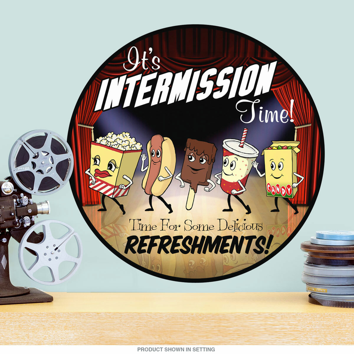 Intermission Time Snacks Round Wall Decal Classic Movie Theater Decor