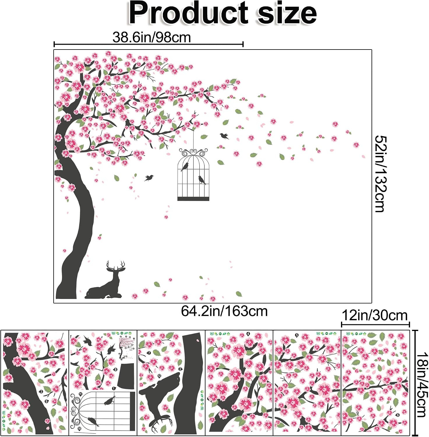 6 PCS Pink Peach Flowers Wall Decals Cherry Blossom Tree Wall Stickers DIY Remov