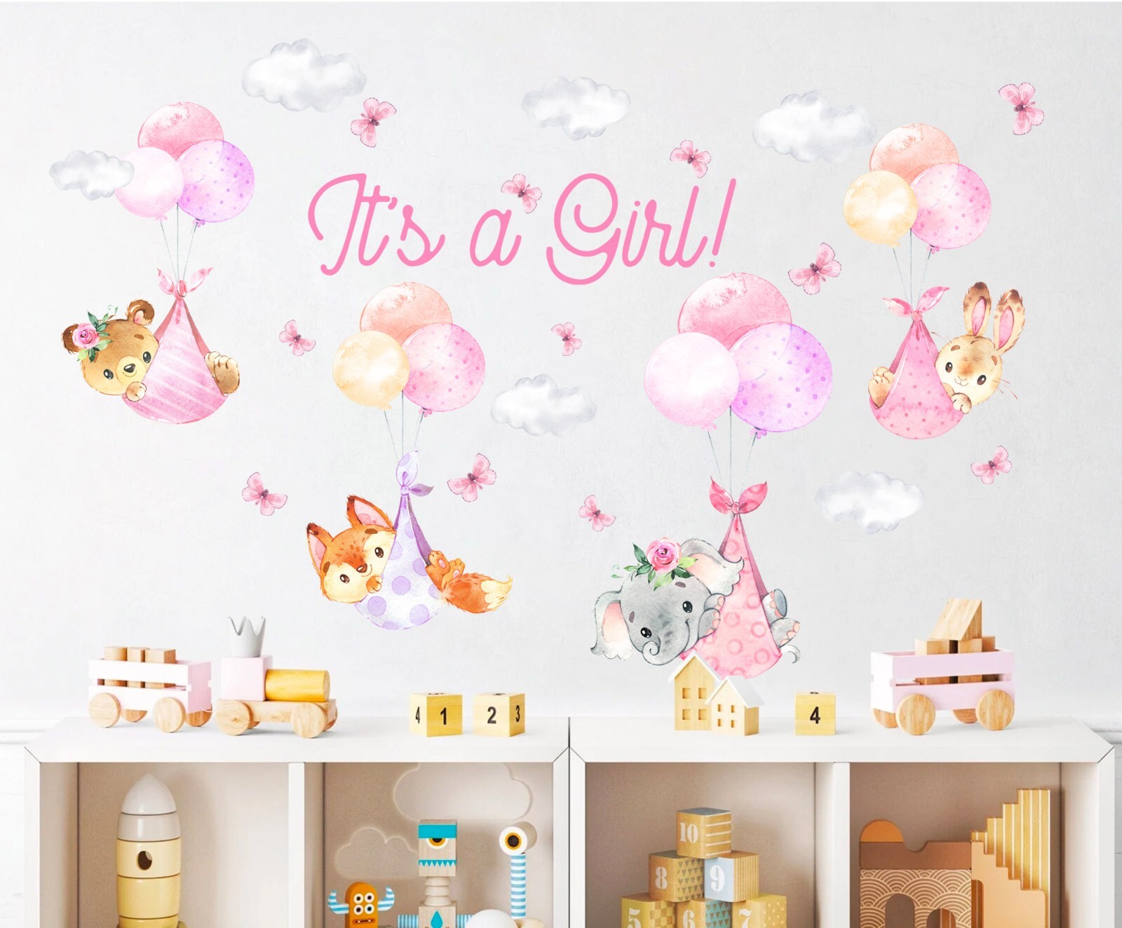 Balloon Newborn Girl Butterfly Elephant Fox Cloud Wall Fabric Decal and Sticker