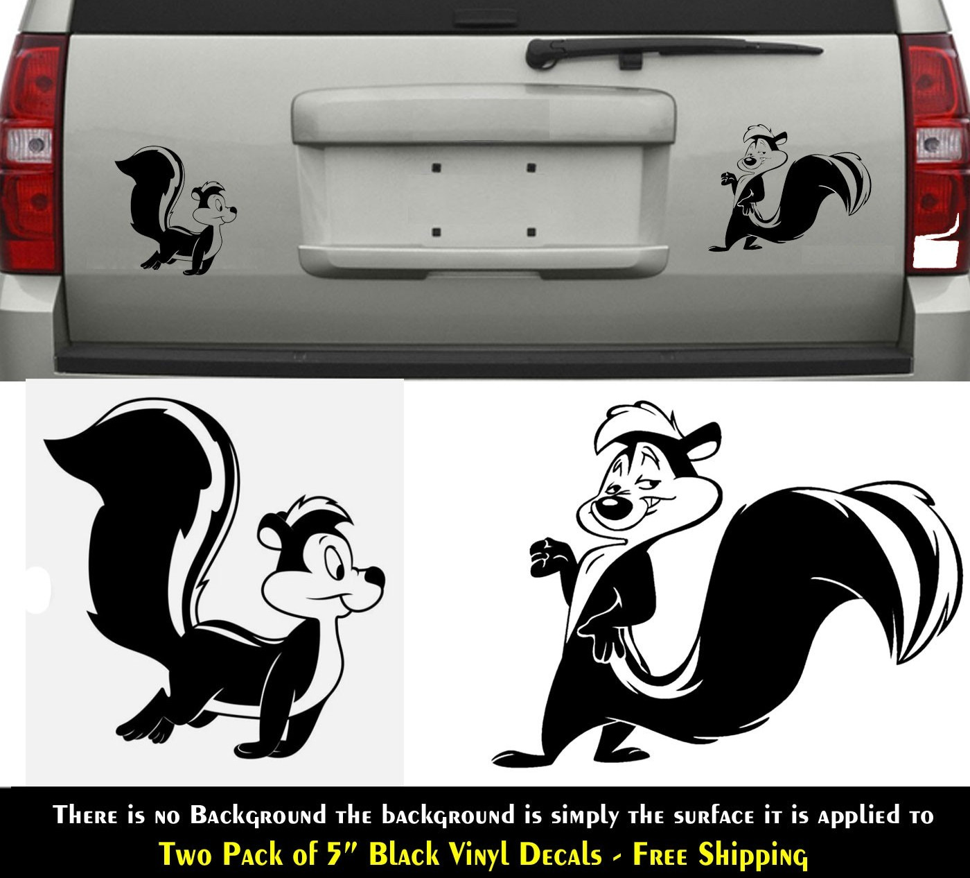 Pepé Le Pew Two 5" Black Vinyl Decals Car Laptop Tablet Any Flat Surface