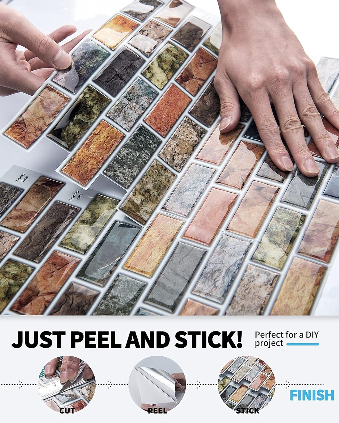 Peel and Stick Vinyl Backsplash Tiles 12 Inch Colorful Marble 10 Piece Set for