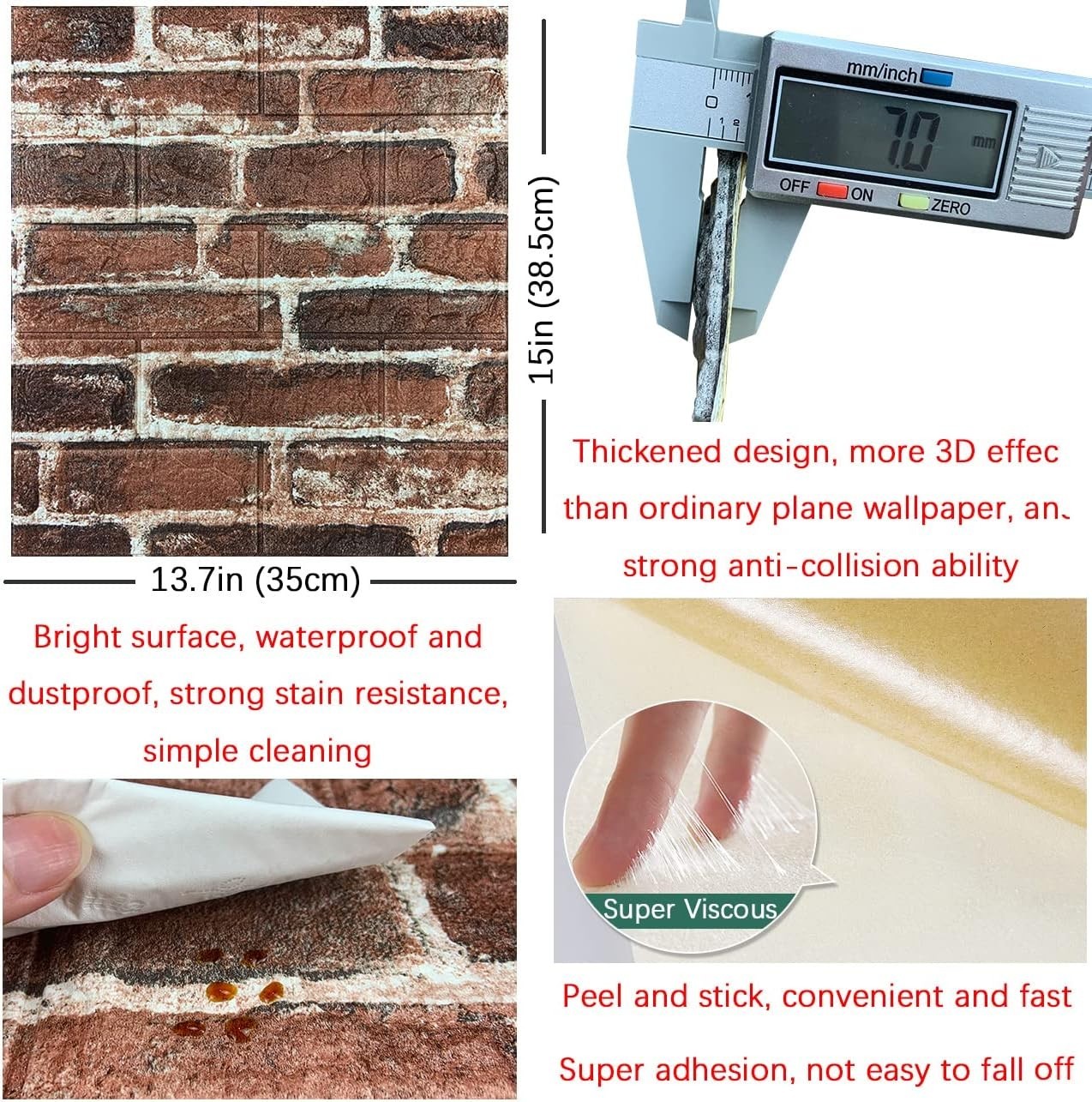 Red 3D Brick Wall Panels 20PCS Peel and Stick Foam Wallpaper