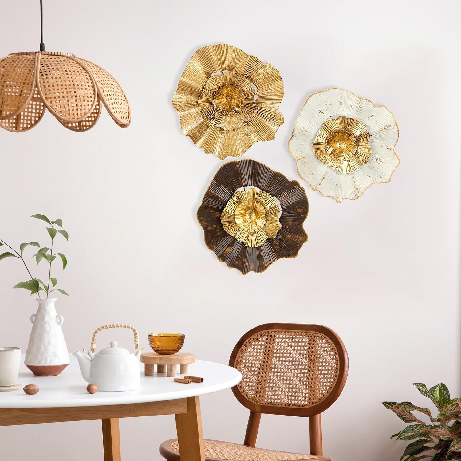 Elegant 12” Gold Metal Flower Wall Art – Abstract 3-Piece Set for Home