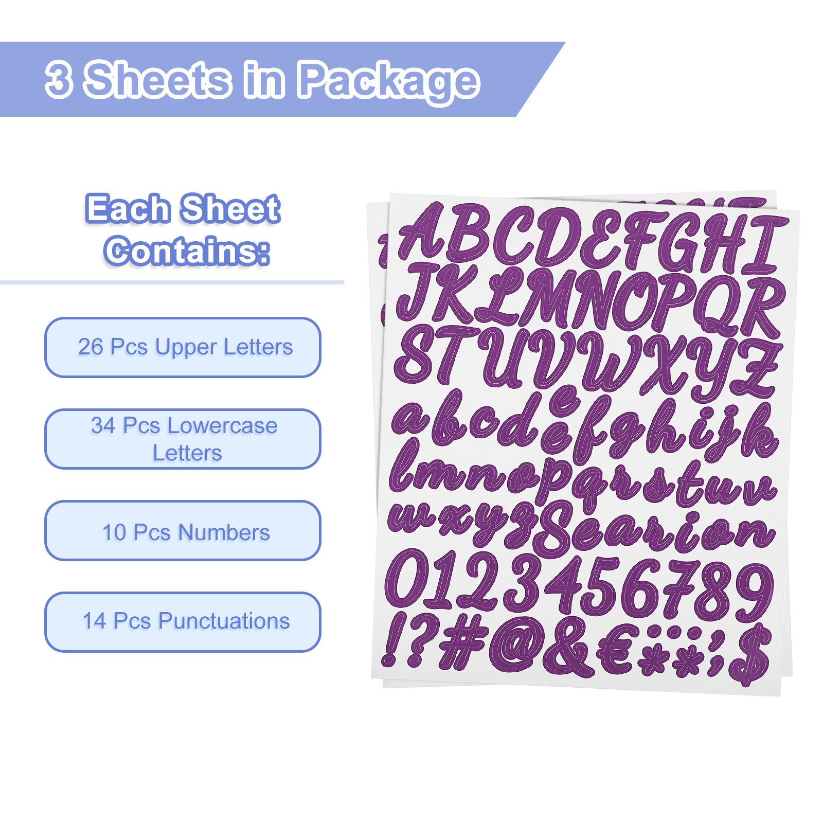 252pcs Vinyl Stickers for Letters/Numbers (3 Sheets, Purple, 1")