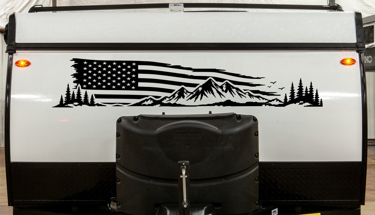 Mountain American Flag Vinyl Decal Distressed Patriotic RV Camper Graphic V2