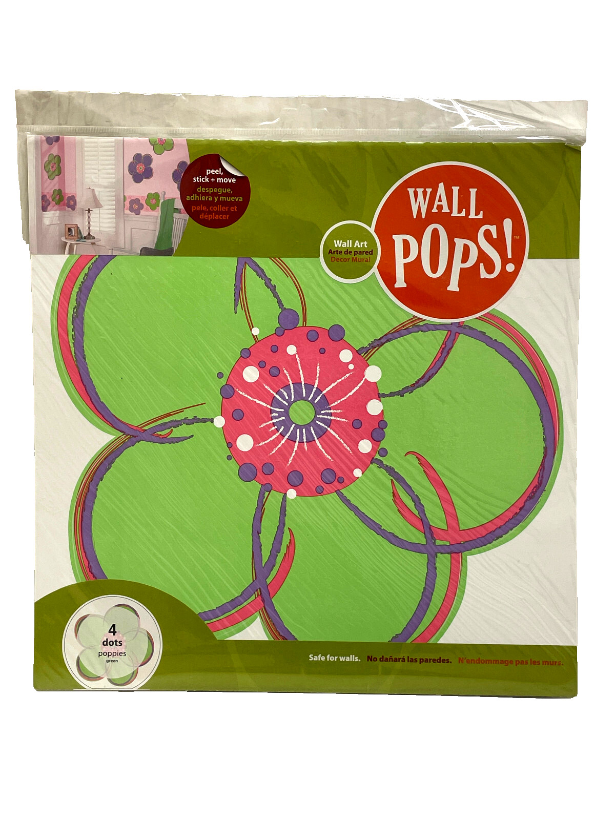 Wall Pops! 13" four large Dots self-stick removeable decals, "green poppies"