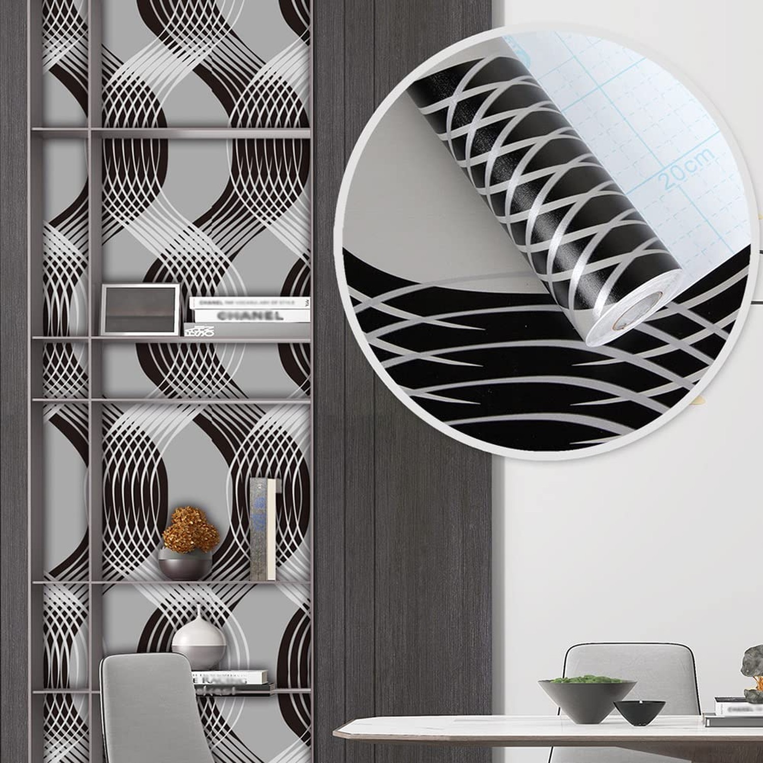 J1376 Geometric Waves Curve Peel and Stick Wallpaper 17.7" x 9.8ft Black/Gray…