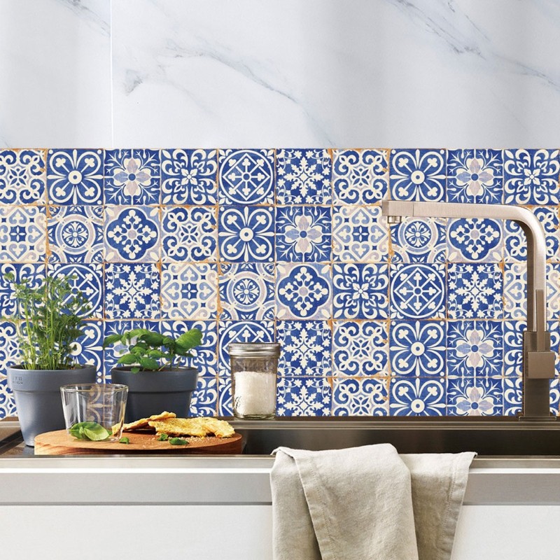 24pcs Blue and White Porcelain Tile Sticker Peel Floor Wall Decals Decor