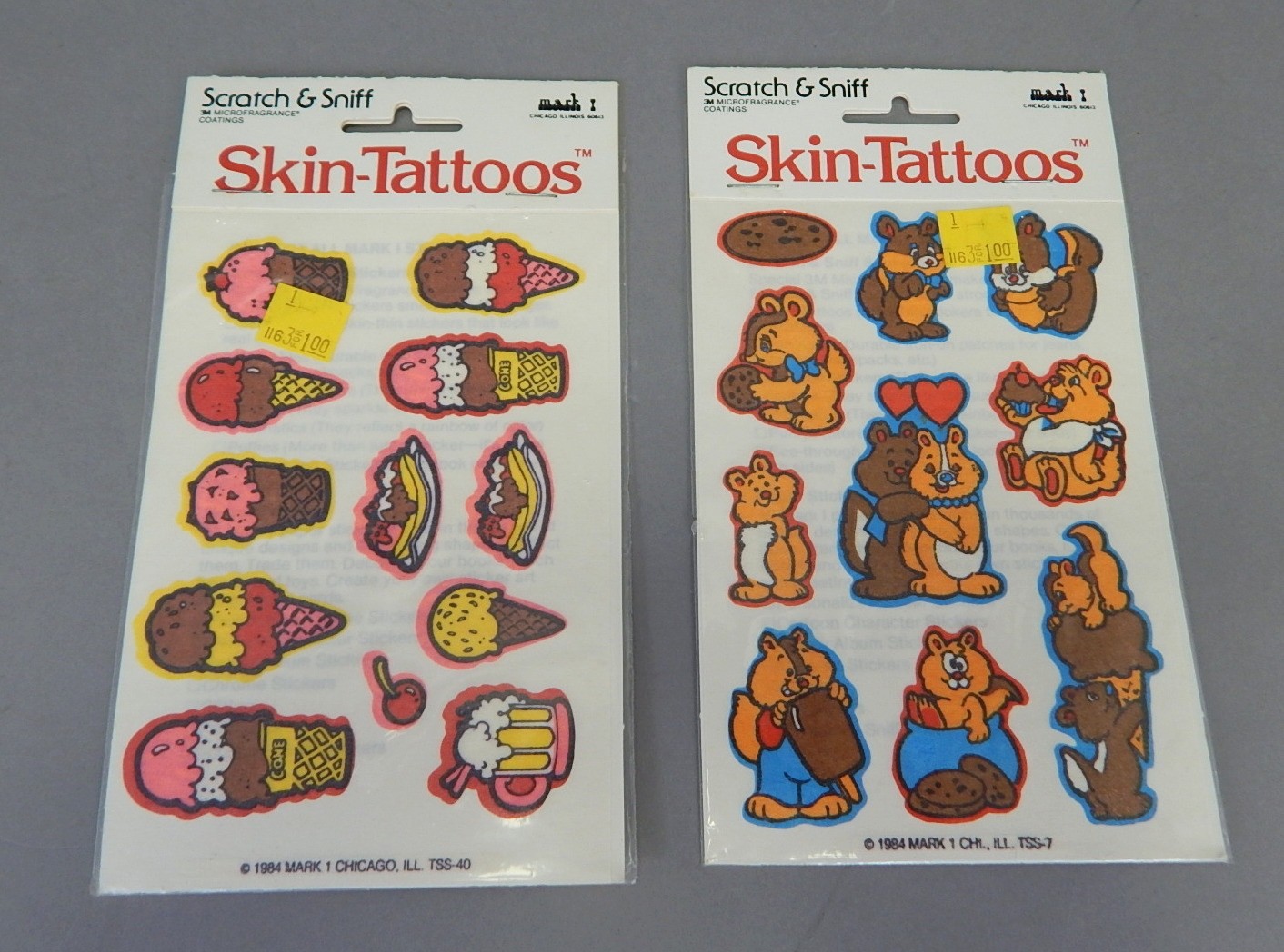 8 Packs NEW 1984 Vintage Mark Morgan Skin Tattoos Scratch Sniff Stickers animals