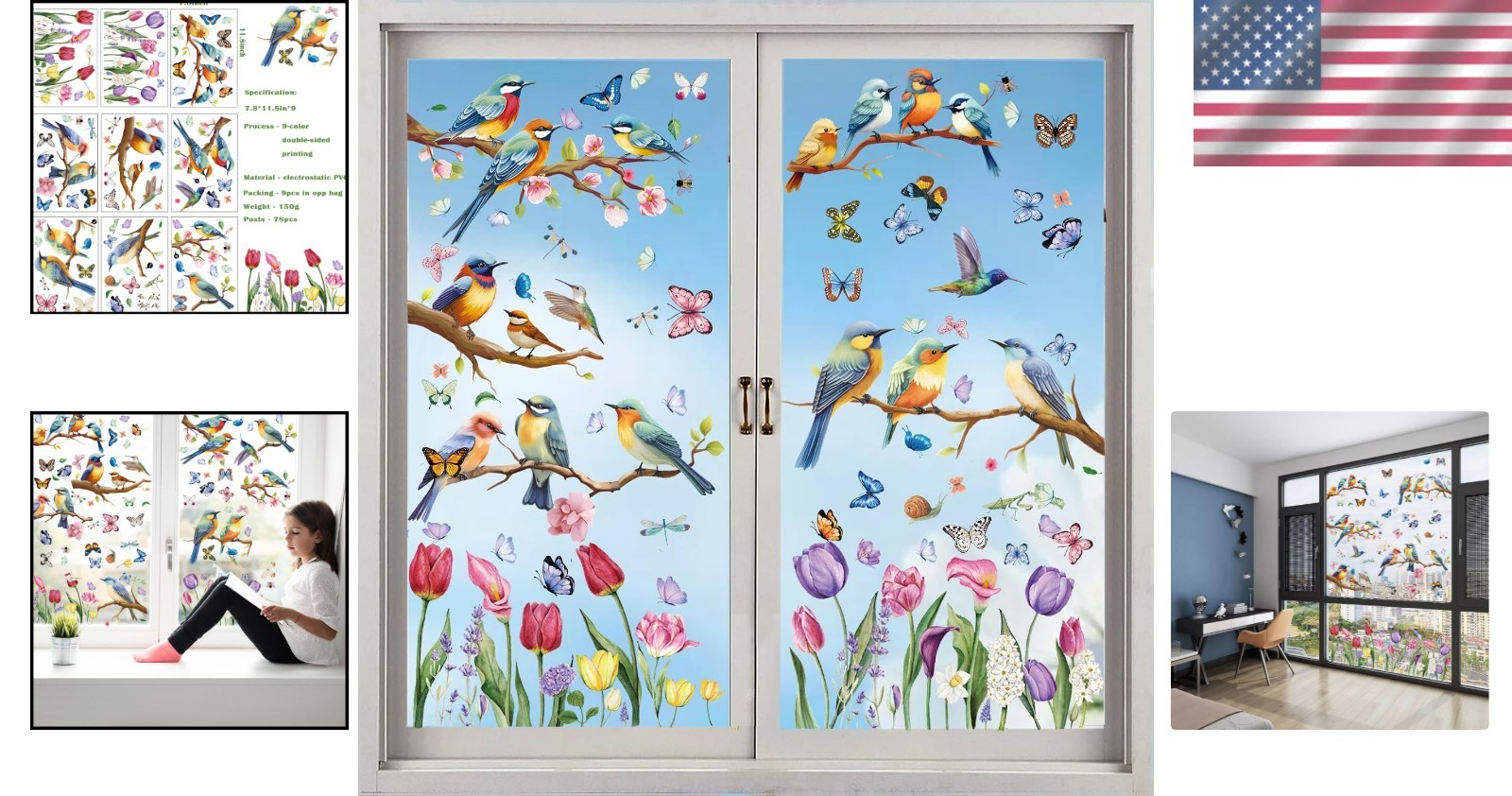 Spring Window Cling Sticker – 78PCS Tulip Butterfly Flower Hummingbirds Windo…