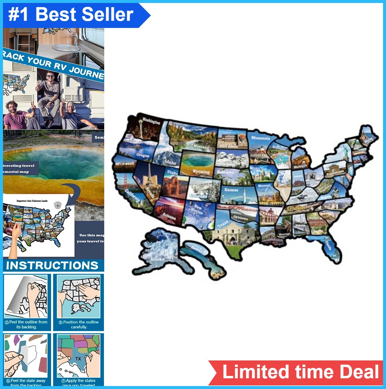 United States Map Decal Vinyl Sticker Set Waterproof 50 States Travel Tracker