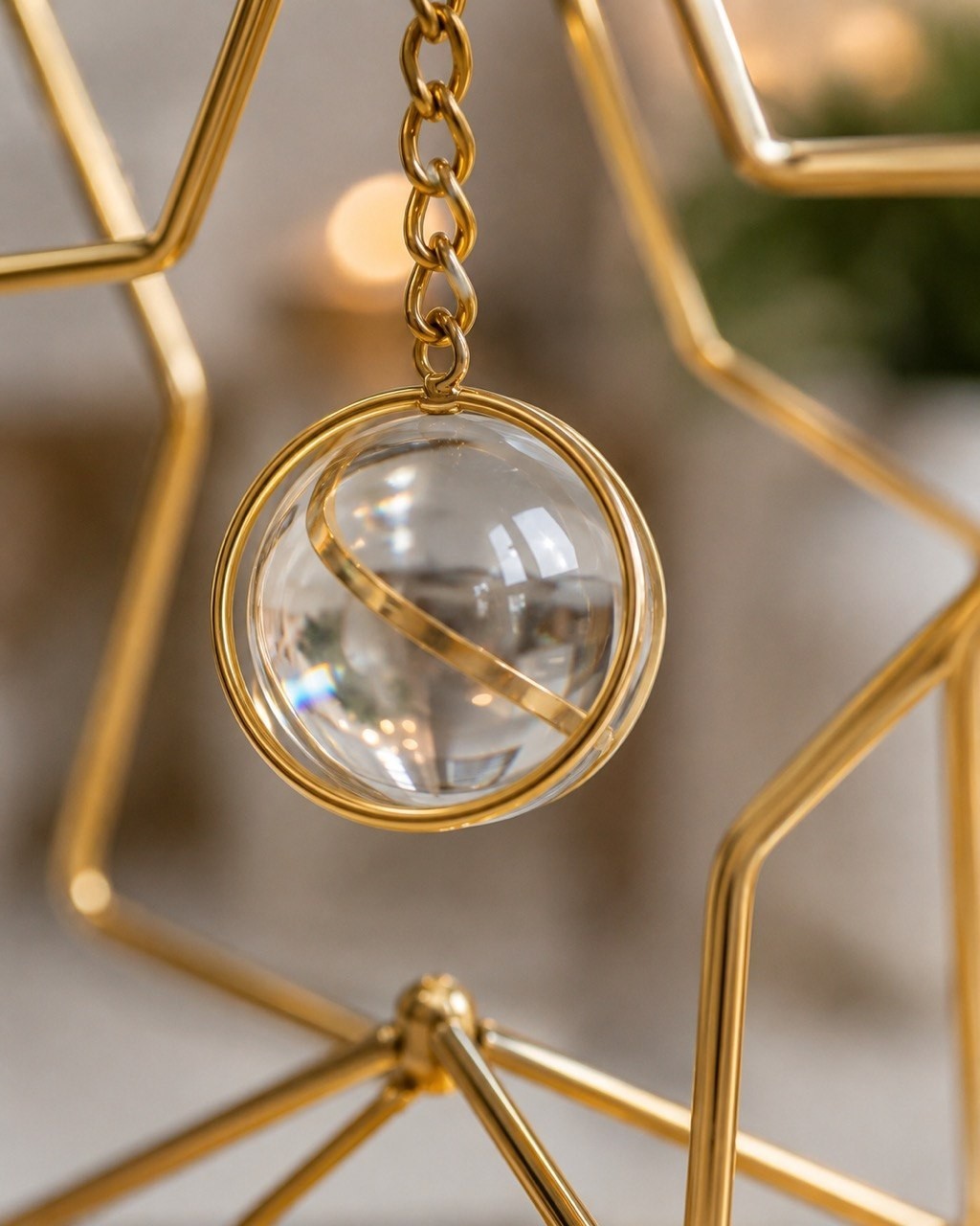 Modern Gold Star Decorative Sculpture w/ Hanging Crystal Look Orb Acrylic Base