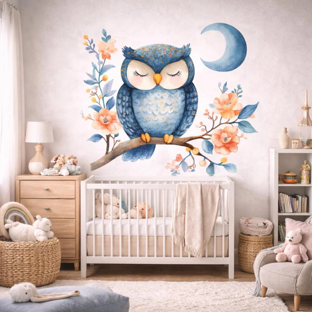 Sleeping Owl Wall Decal | Watercolor Nursery Art
