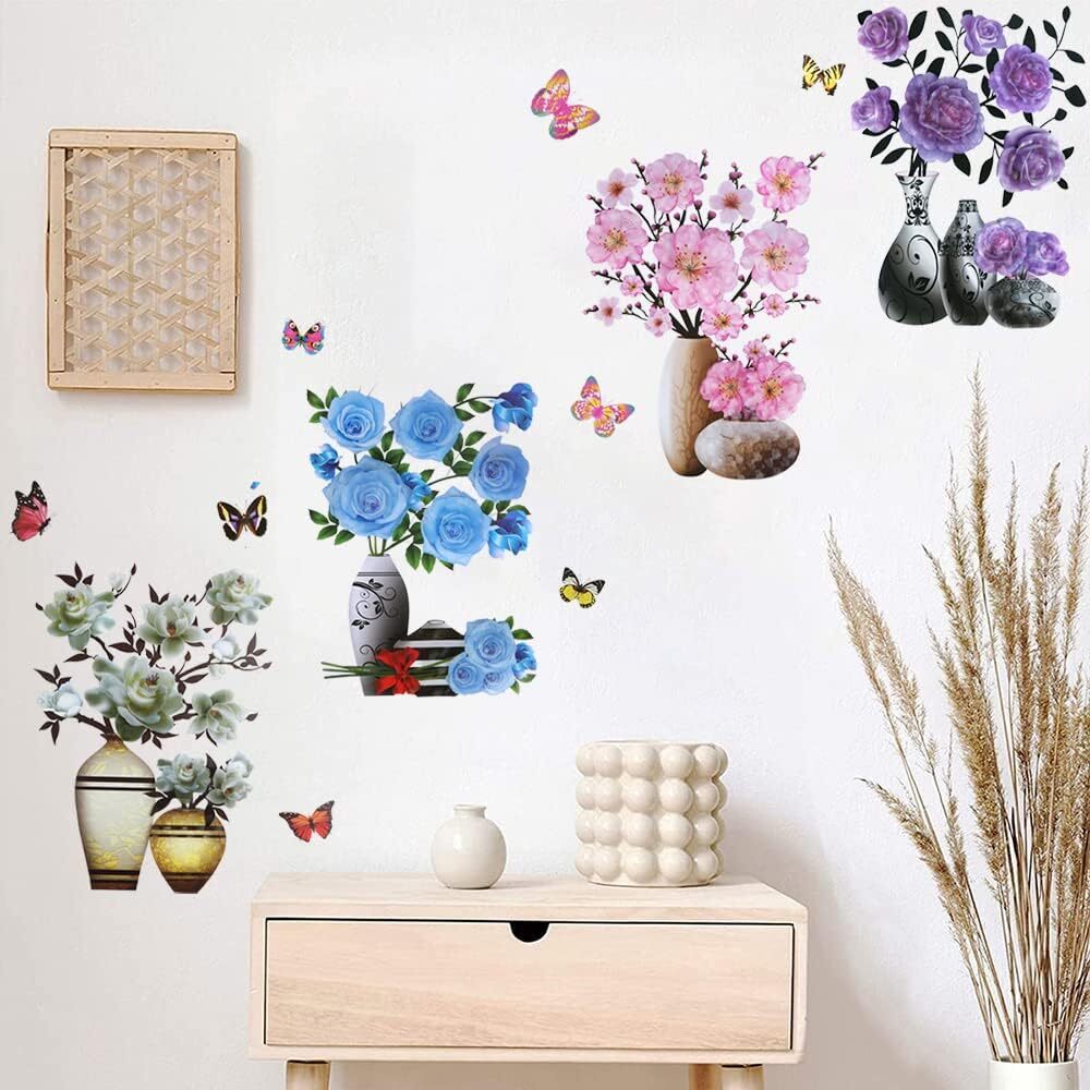 Supzone 3D Vase Wall Stickers Stereo Flower Decal Pink