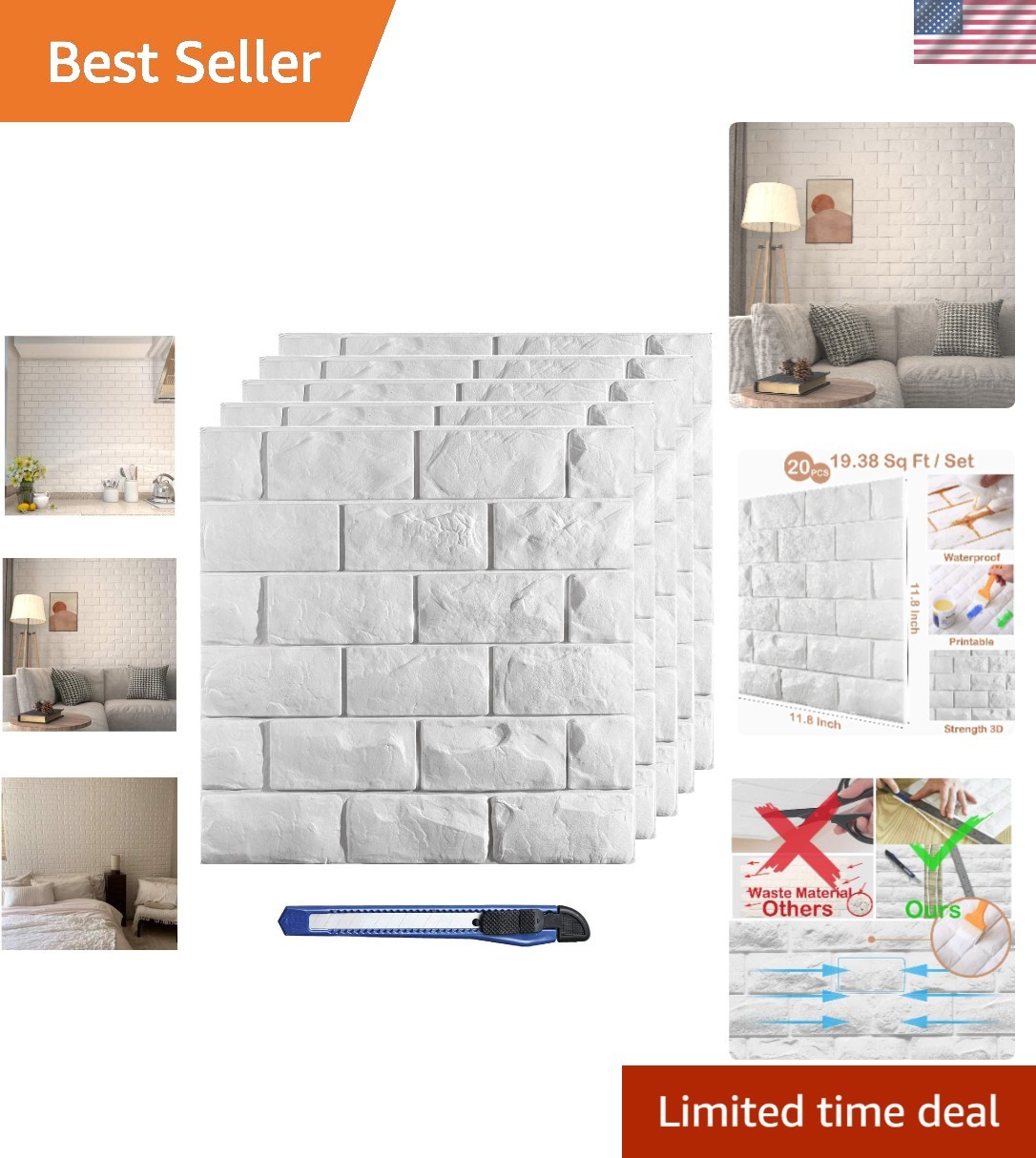 20 Pcs 3D White Brick Wall Panels – Peel & Stick Waterproof Decor, 19.38 sq ft