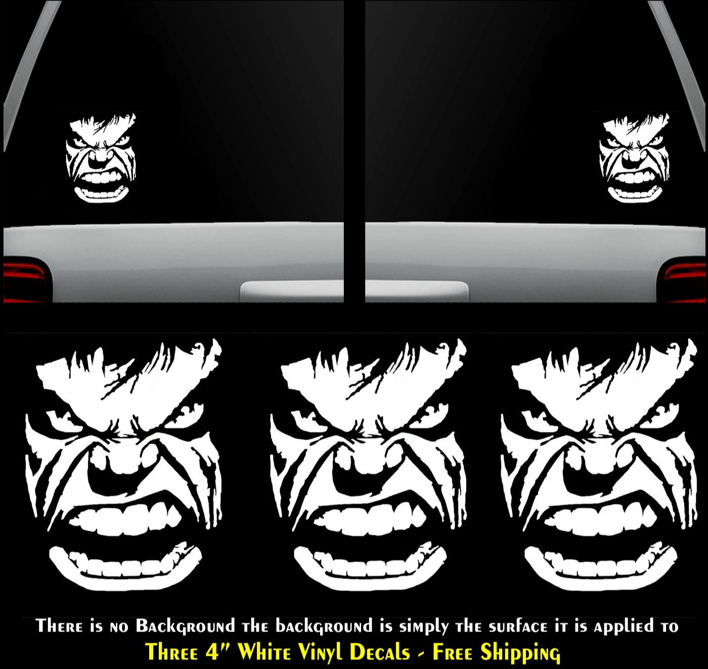 Incredible Hulk Growl Stare Three 4" White Vinyl Decal Car Truck Window