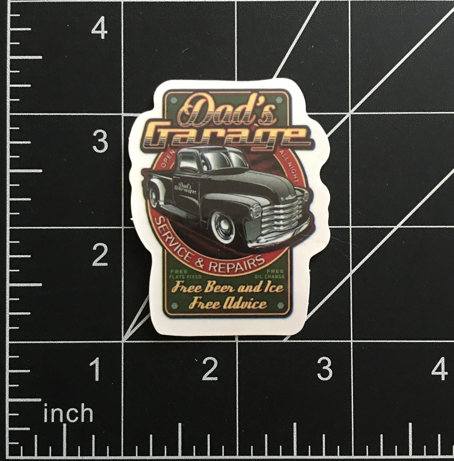 Dad's Garage Vinyl Sticker Service Repairs Free Beer Ice Advice Flats Fixed Oil