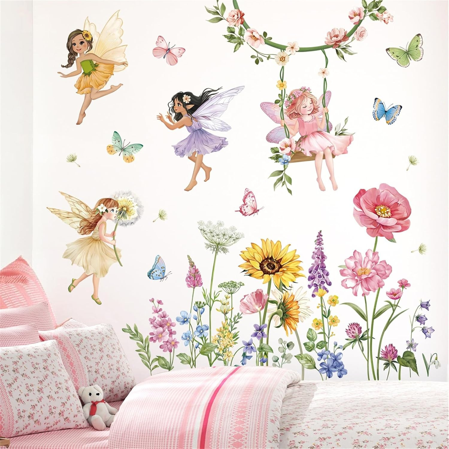 Flower Fairy Wall Decals Butterfly Girl with Wildflower Sunflower Wall Sticke…