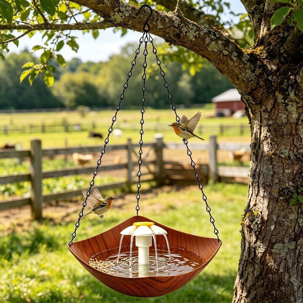 Garden Bird Bath with Solar Fountain and Feeding Area Designed for Hanging Use