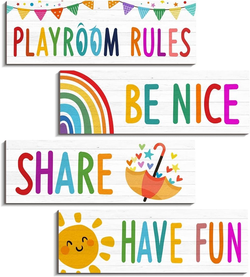 4 Pcs Playroom Sign Kids Playroom Wall Decor Playroom Rules Quotes Sign Be Ni…