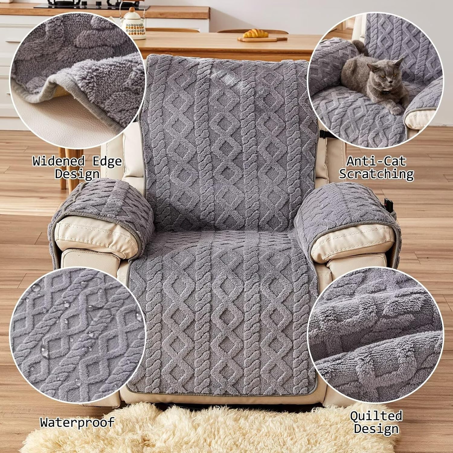 Recliner Cover for Lazy Boy Chair Protectors Washable Quilted 23In Gray
